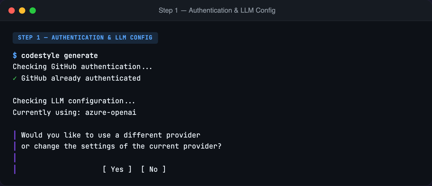 The tool checks authentication and API key configuration, only asking questions when something needs to change.