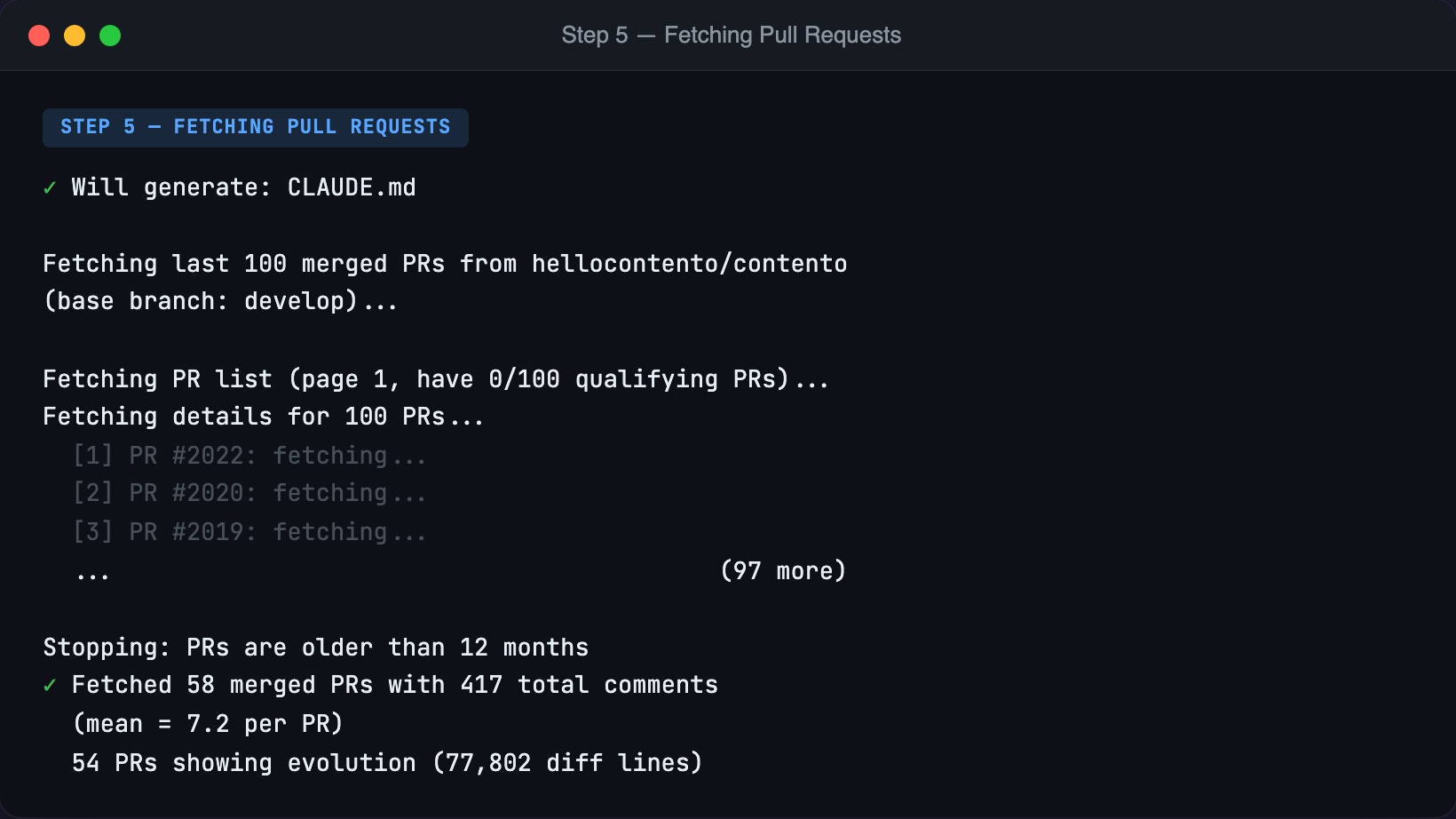 Fetching PR details concurrently—58 PRs with 417 review comments and 54 showing code evolution after review.