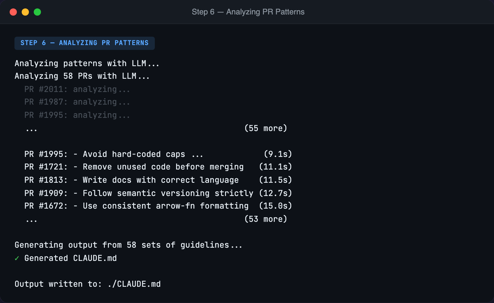 The LLM analyzes each PR independently, extracting patterns like "avoid hard-coded caps" and "use consistent arrow-fn formatting."